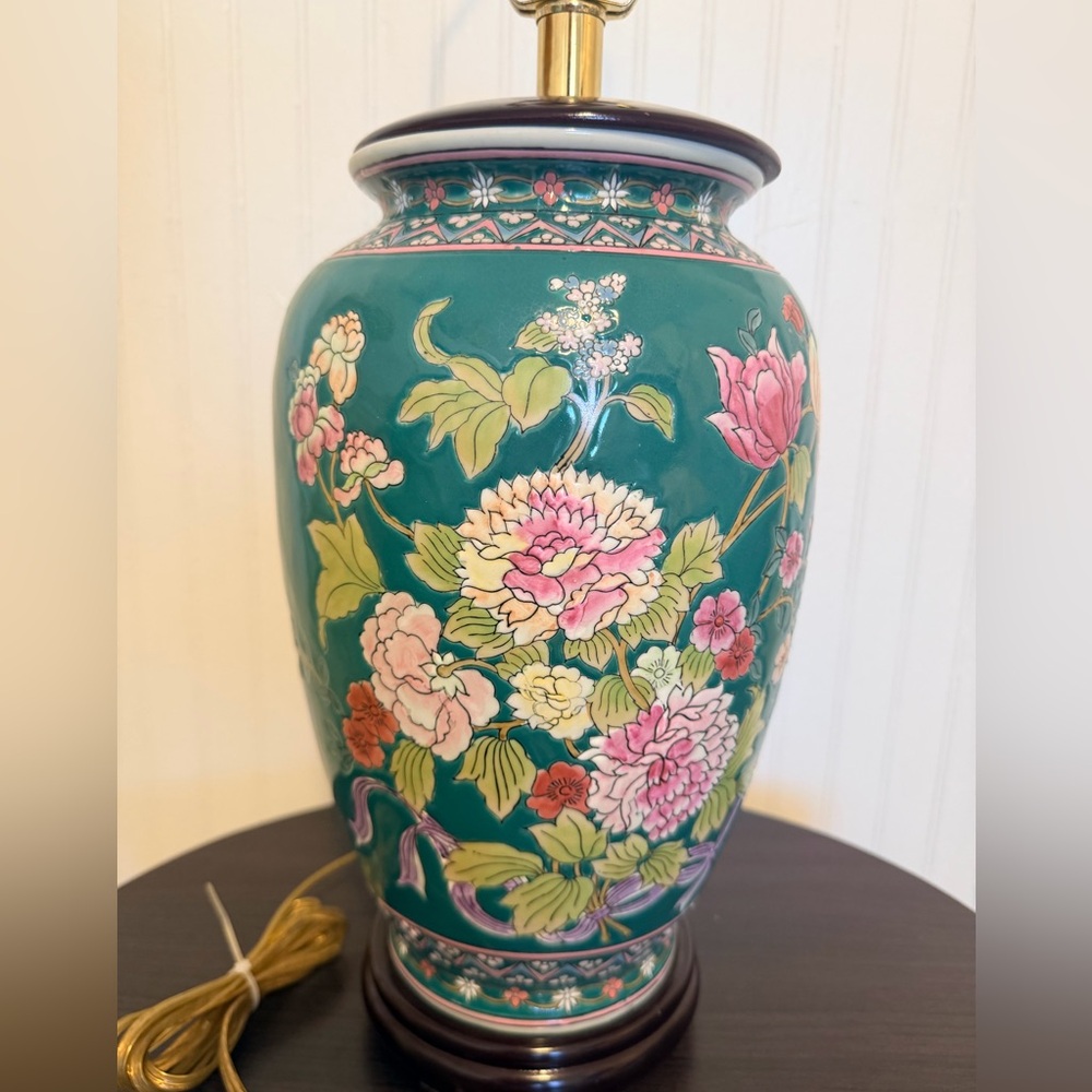 Vintage Porcelain Green Floral Table Lamp Asian Chinoiserie Ginger Jar style 26”